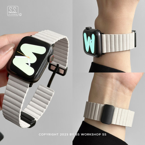 荔枝纹真皮磁吸适用iwatch秋冬