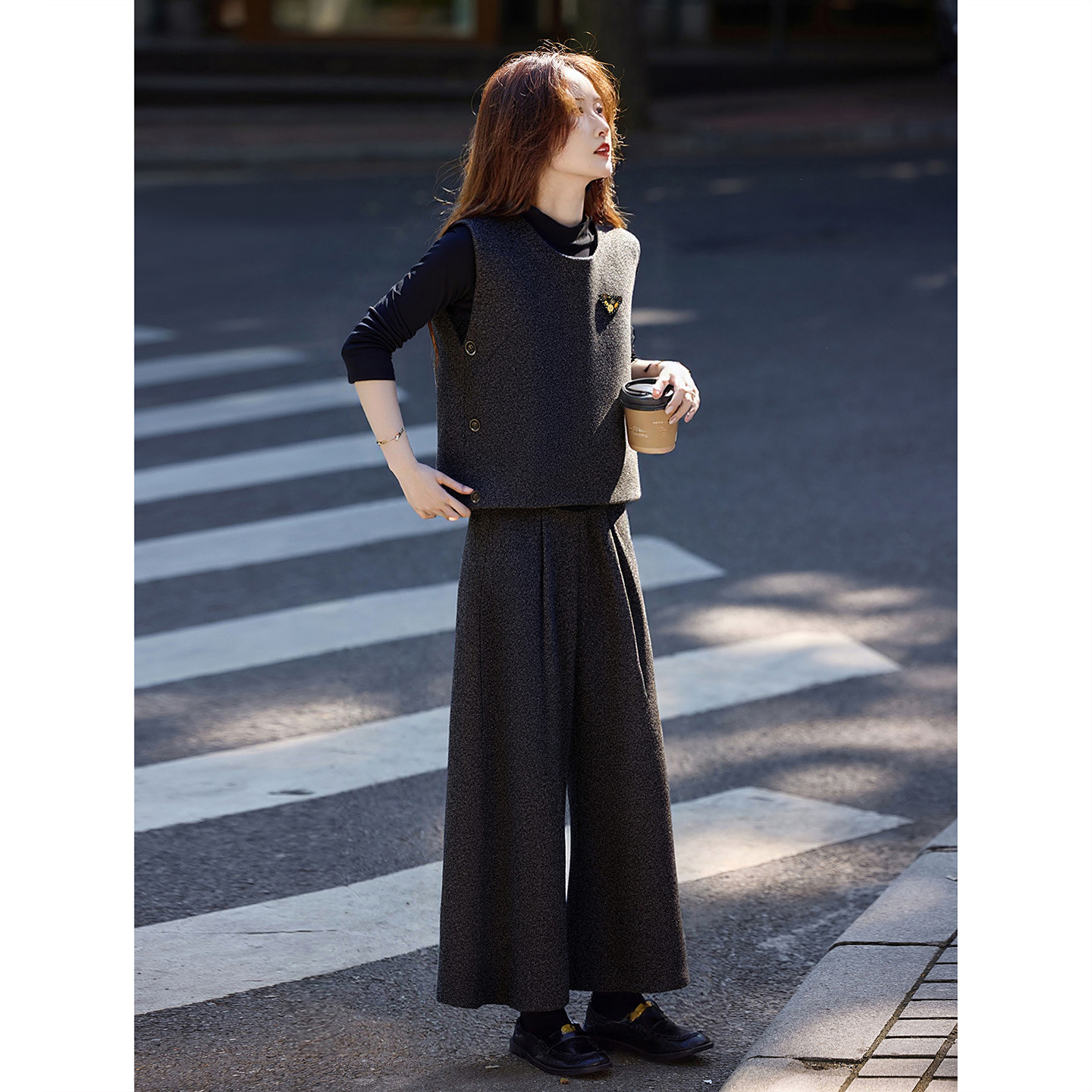 呢子马甲阔腿裤套装2025冬季新款女三件套,女装/女士精品,时尚套装,淘宝优惠券,粉丝福利购,淘宝优惠卷