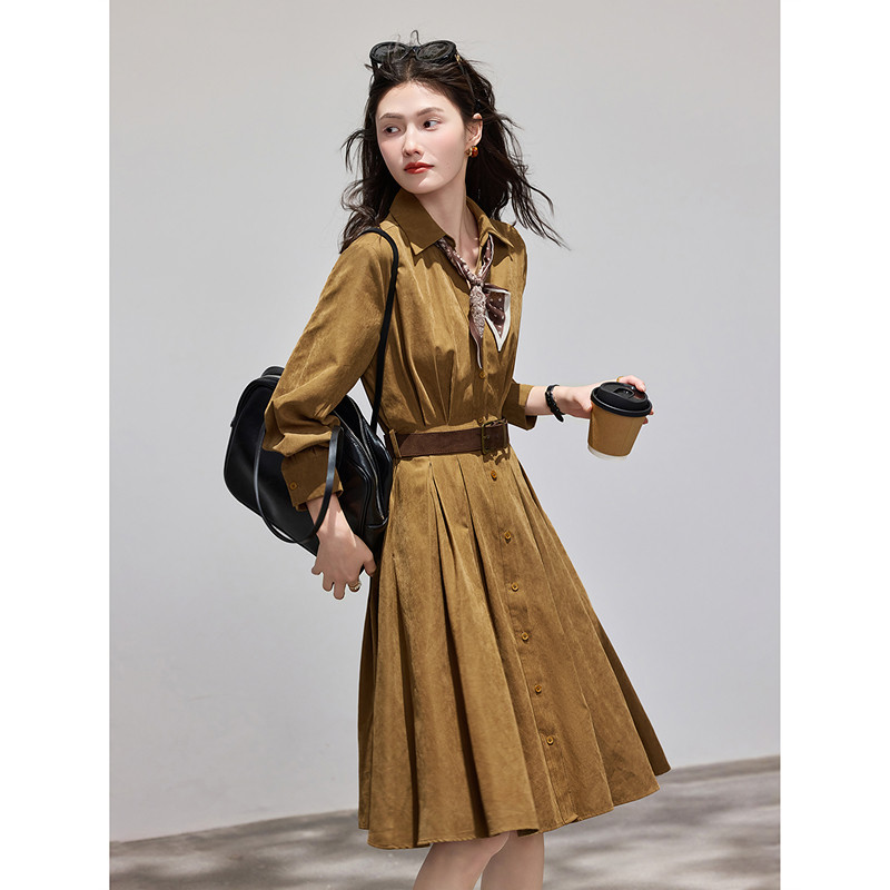 苏醒的乐园2026春季新款撞色腰带单排扣长袖衬衫连衣裙女