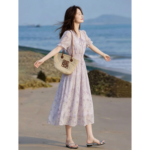 2026夏季新款法式短袖气质漂亮碎花连衣裙裙子女夏夏日绝美小裙子