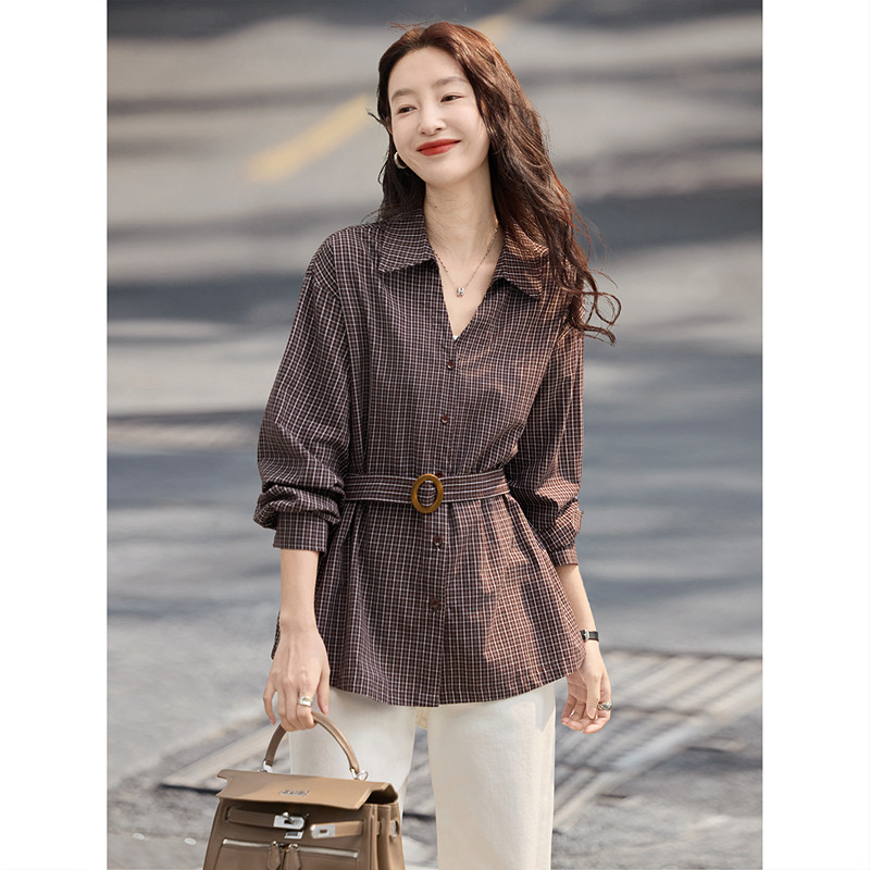苏醒的乐园2026春季新款翻领纯棉格子收腰长袖衬衫上衣女装