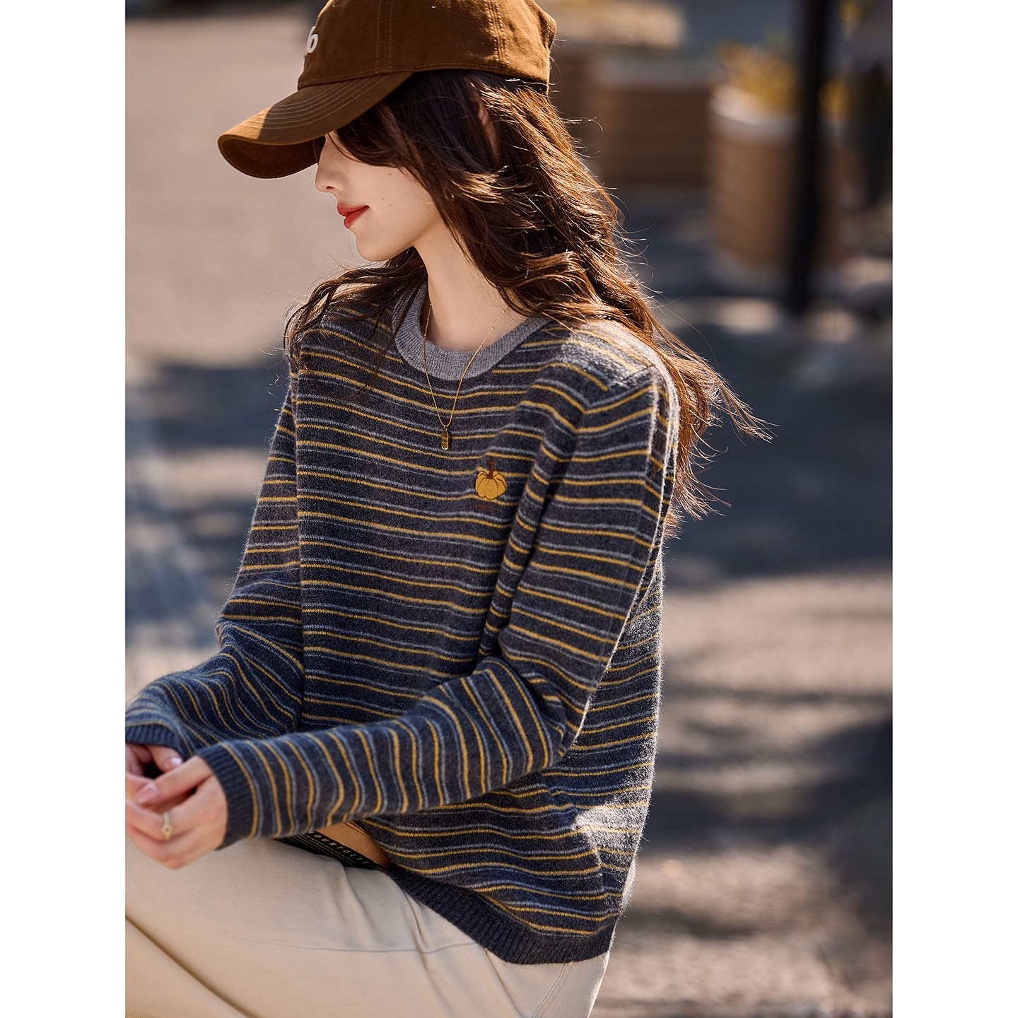 圆领条纹毛衣套头衫2025冬季新款含羊毛针织上衣女,女装/女士精品,毛衣,淘宝优惠券,粉丝福利购,淘宝优惠卷