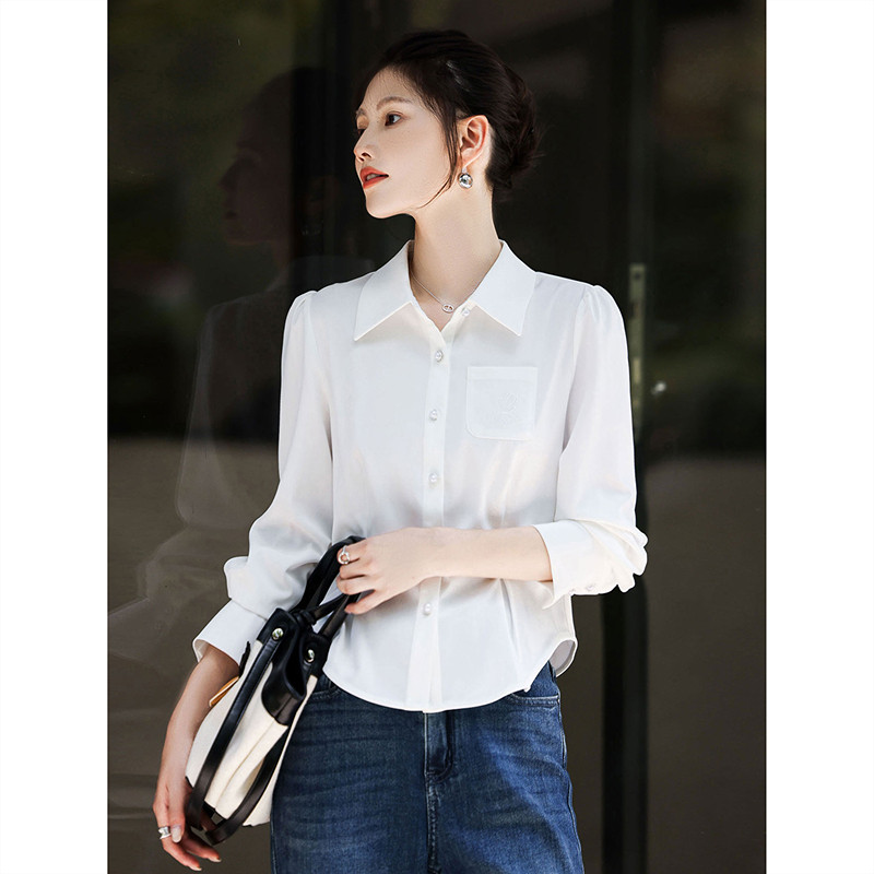 2025年秋季新款通勤纯色翻领单排扣长袖白衬衫女装上衣SXCS25127
