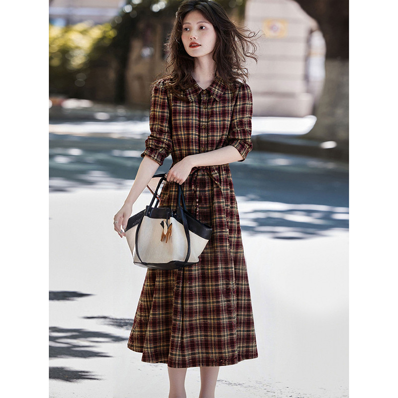 复古衬衫连衣裙2025年秋季新款收腰格子长袖女装SXL25264