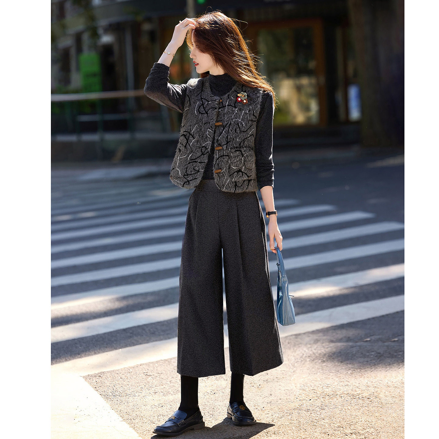呢子马甲七分裤套装女2025冬季新款女三件套