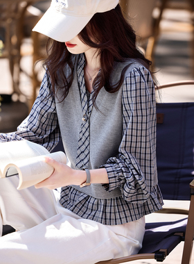 2026年新款春季格子假两件长袖衬衫SXCS26027