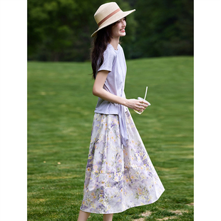 圆领T恤印花半裙度假套装 女洋气裙子 新款 2026年春季