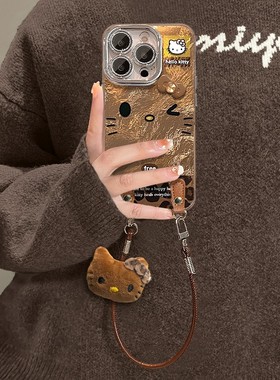 cxk适用苹果16promax手机壳iphone14豹纹kt猫蝴蝶结挂绳15高级感13女