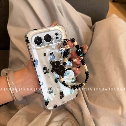 适用荣耀500手机壳秋冬氛围感honor500pro带挂绳可爱波点小黑猫