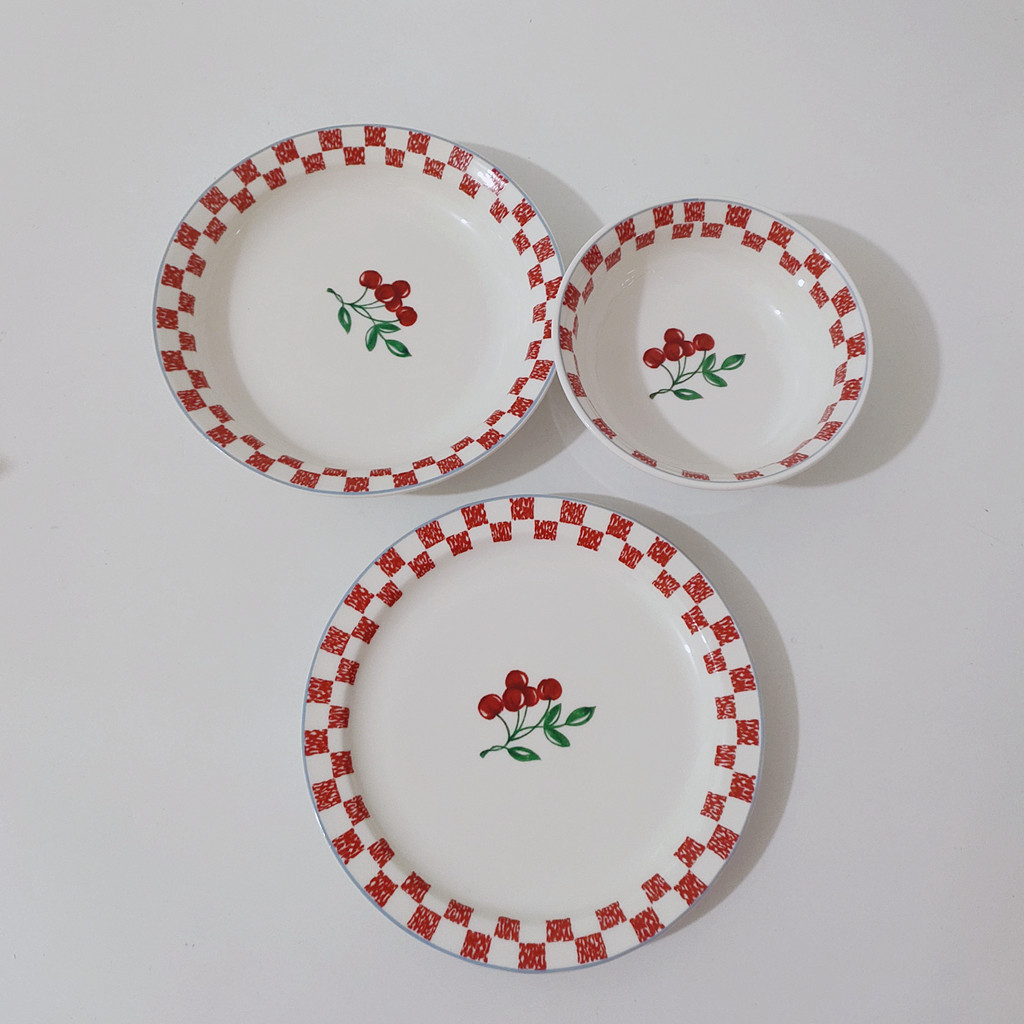自制 韩风ins樱桃陶瓷餐具盘子深盘菜盘平盘早餐盘沙拉碗粥碗饭碗
