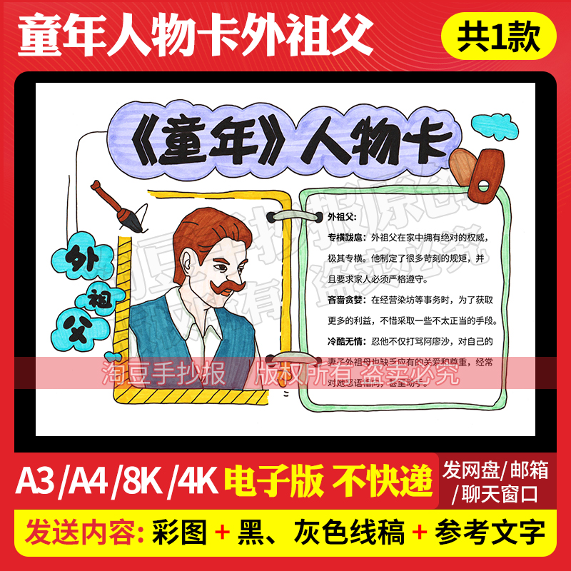 童年人物档案卡片外祖父手抄报模板阅读人物名片电子版线稿968