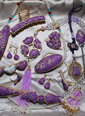 国风非遗名家宋锦上久楷紫色蔓草夔龙纹复古发夹耳饰发簪压襟成品