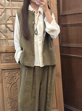 如眸原创设计亚麻撞色马甲ZQ56056 亚麻手工缝线裤子ZQ56057