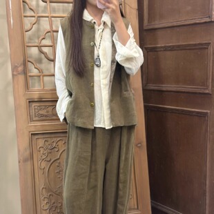 如眸原创设计亚麻撞色马甲ZQ56056 子ZQ56057 亚麻手工缝线裤