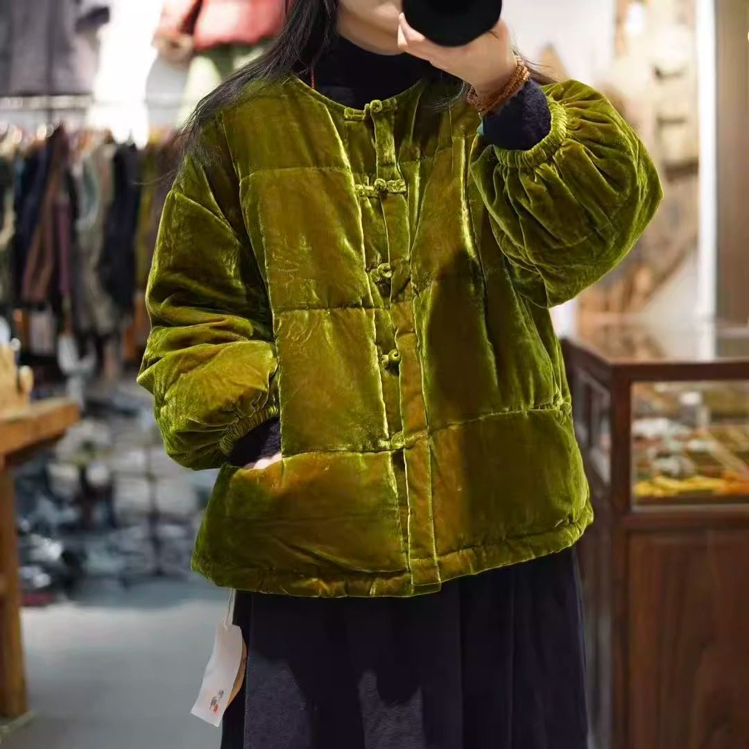 如眸原创设计盘扣丝绒羽绒服