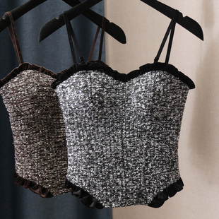 亮片丝绒吊带背心 轻奢小香风木耳边拼接打底上衣性感修身 新款 时尚