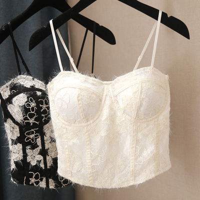 钩花蕾丝毛毛带胸垫短款吊带