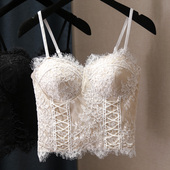 秋冬内搭睫毛蕾丝钩花拼接绑带打底上衣时尚 气质加绒收腰短款 吊带