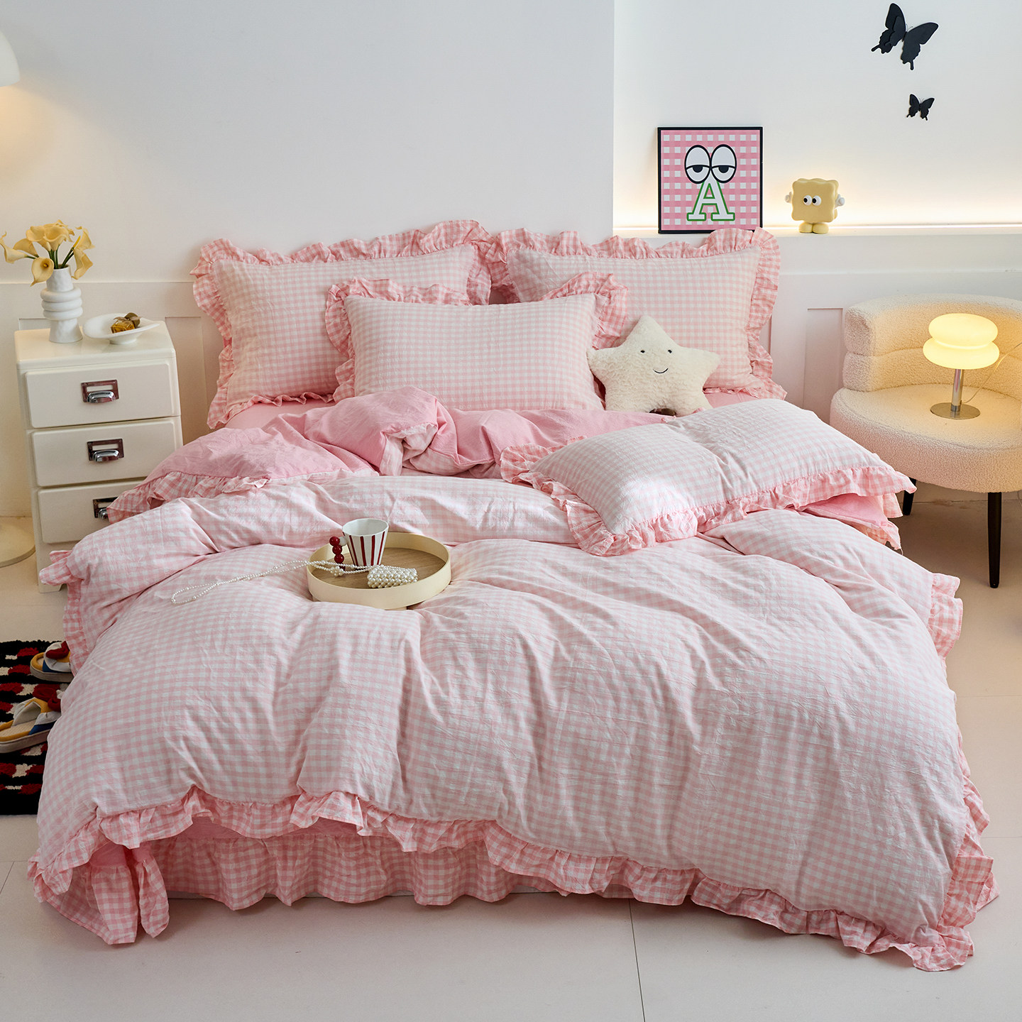 全棉四件套花边格子水洗棉1米8床