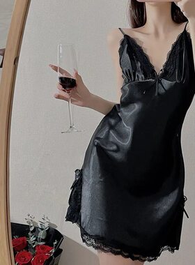夏季女带胸垫性感吊带睡裙V领蕾丝花边诱惑仿真丝睡裙家居服批发