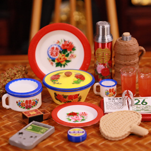 微缩食玩迷你玩具老家中式怀旧仿真搪瓷盆带盖面碗火柴盒模型R7
