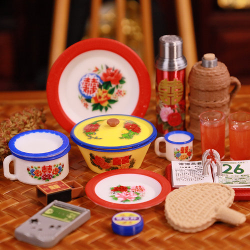 微缩食玩迷你玩具老家中式怀旧仿真搪瓷盆带盖面碗火柴盒模型R7