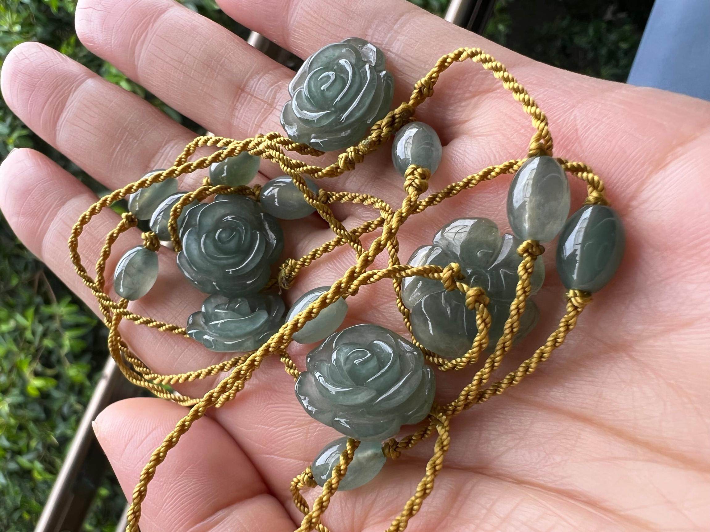 天然缅甸 a货翡翠冰玻种油青玫瑰花路路通腰链