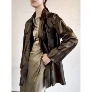 Zoehope 轻柔如真丝小湖羊皮毛一体中长款双排扣西装领皮草外套女