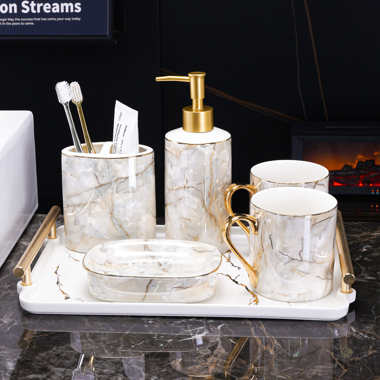 卫浴洗漱套装牙刷杯大理石浴室漱口杯轻奢刷牙杯牙缸卫浴三件套
