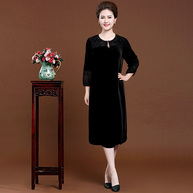 8907中老年妈妈桑蚕丝真丝绒连衣裙新款大码v领长袖金丝绒裙子女