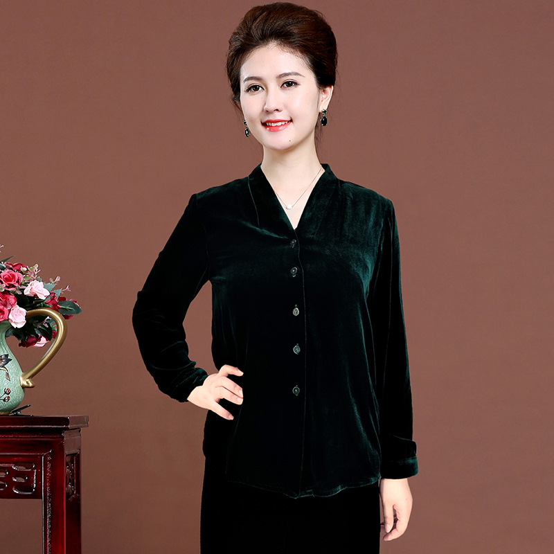 桑蚕丝真丝绒衬衫开衫长袖V领女