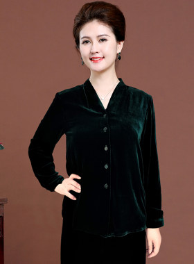 桑蚕丝真丝绒衬衫开衫长袖V领女