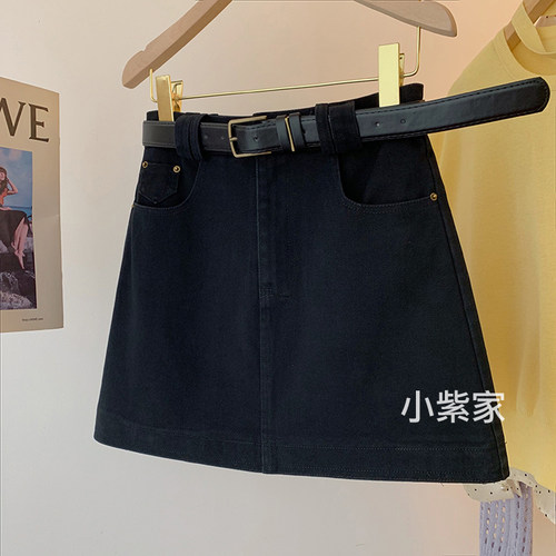 黑色高腰a字修身包臀牛仔短裙女