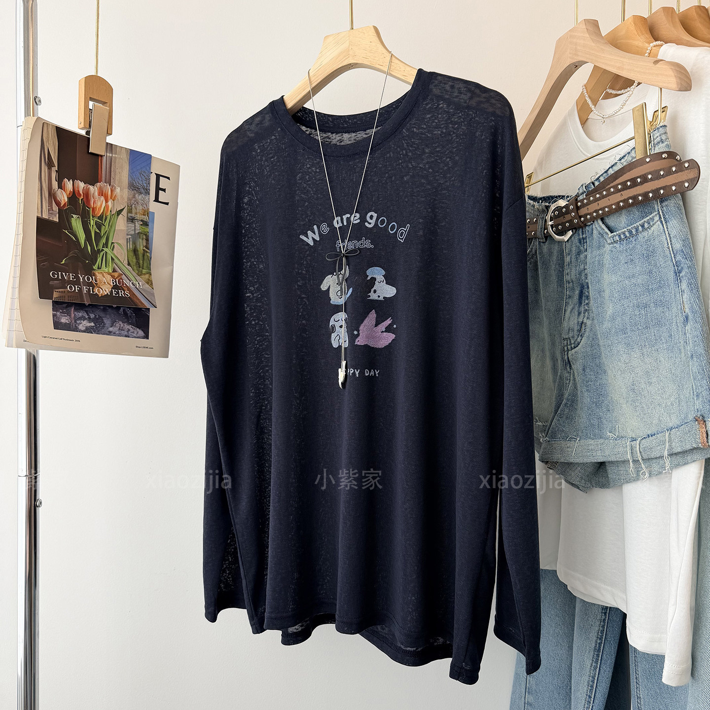 藏青色字母卡通图案宽松长袖防晒t恤衫女夏薄新款中长款遮肉上衣
