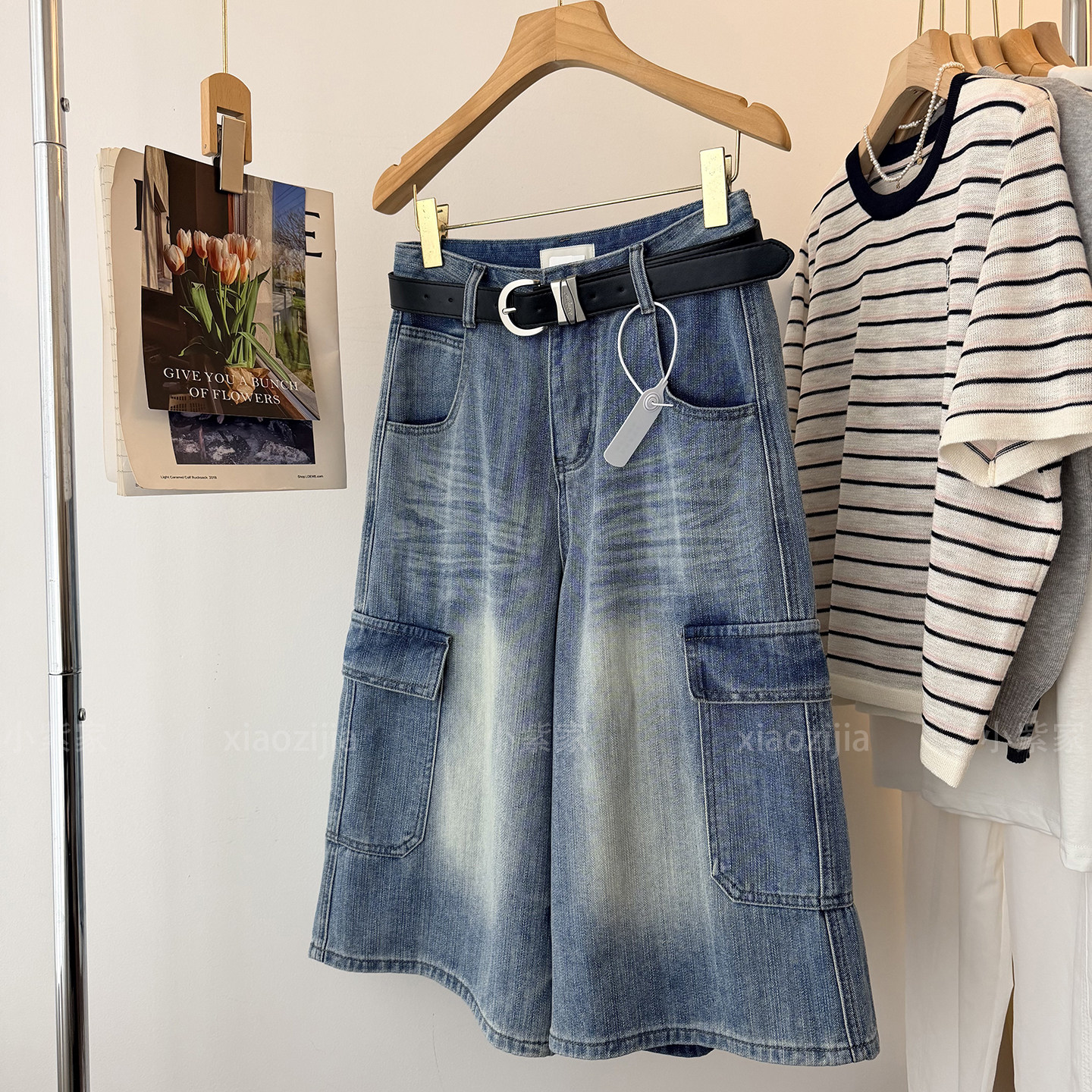 浅蓝色磨白水洗复古高腰显瘦宽松阔腿直筒七分牛仔裤女夏2026新款