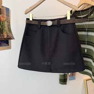咖色仿毛呢子半身裙女高腰a字短裙秋冬款腰带显瘦打底包臀半裙子