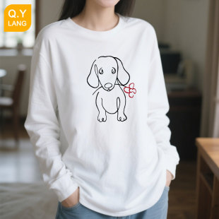 秋季单穿纯棉长袖t恤女宽松印花圆领厚款外穿上衣秋冬白色打底衫