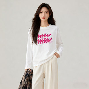 高质量纯棉女士长袖圆领t恤春秋宽松白色上衣印花单穿秋冬打底衫