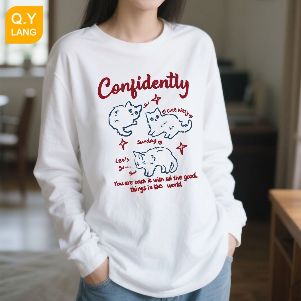 秋季重磅纯棉长袖t恤女宽松印花圆领上衣春秋外穿秋冬白色打底衫