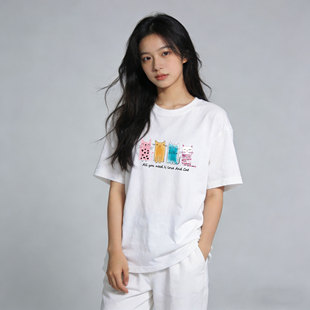 夏季新款纯棉短袖白色t恤女款宽松百分百棉印花厚实休闲T恤2026年