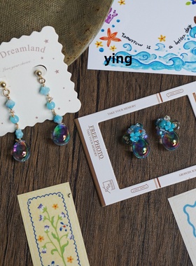 Ying.原创手作清爽幻彩蓝色水滴女士纯银耳钉耳饰耳夹