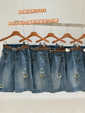 3737夏季新款韩版时尚百搭显瘦高腰破洞牛仔七分裤女宽松阔腿裤