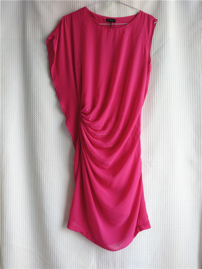 735女装夏装连衣裙雪纺仿真丝礼服裙不对称褶皱裙子155码玫红无袖