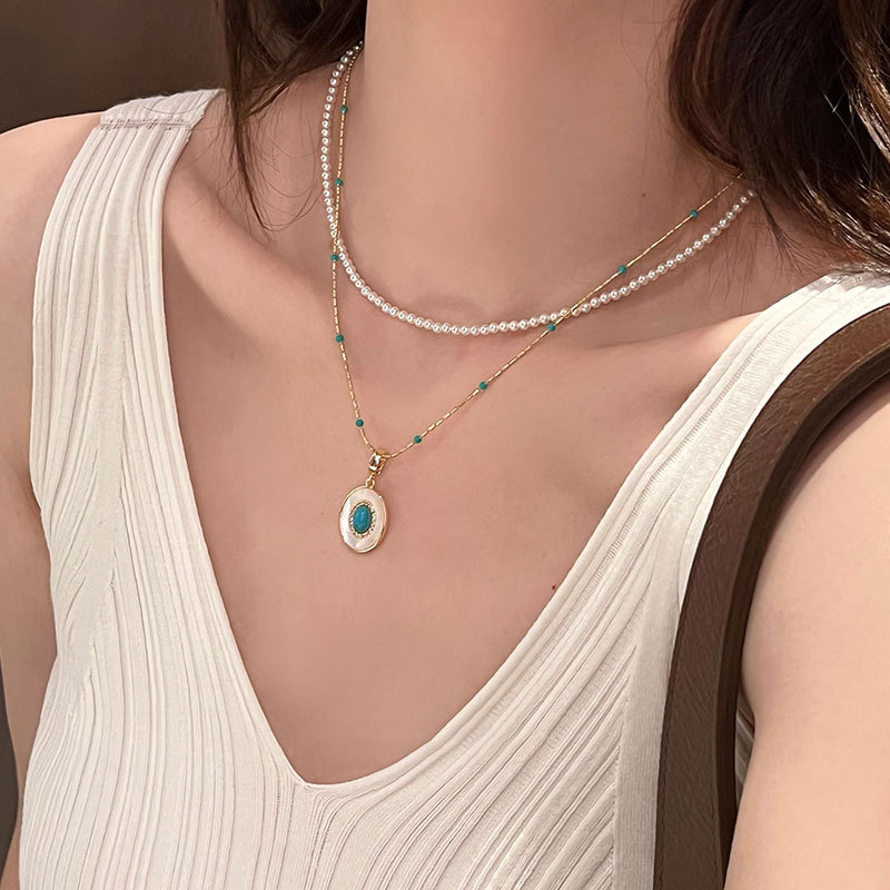 设计感绿松石珍珠叠戴项链女复古轻奢优雅时尚气质百搭颈链锁骨链