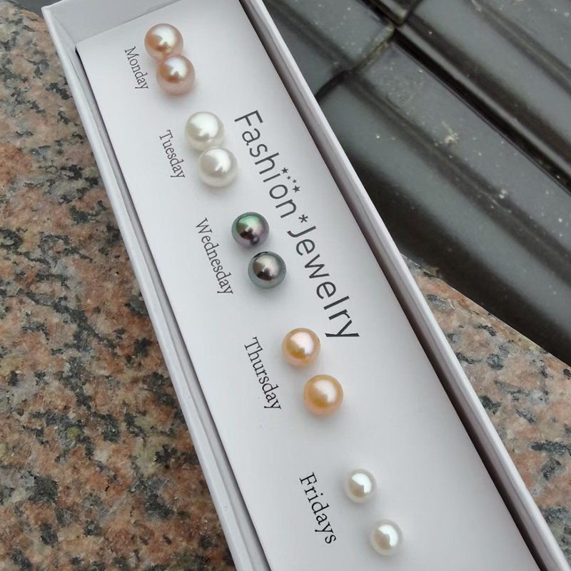 网红爆款星期耳钉耳饰 天然淡水珍珠 S925纯银针 礼盒装大小套装