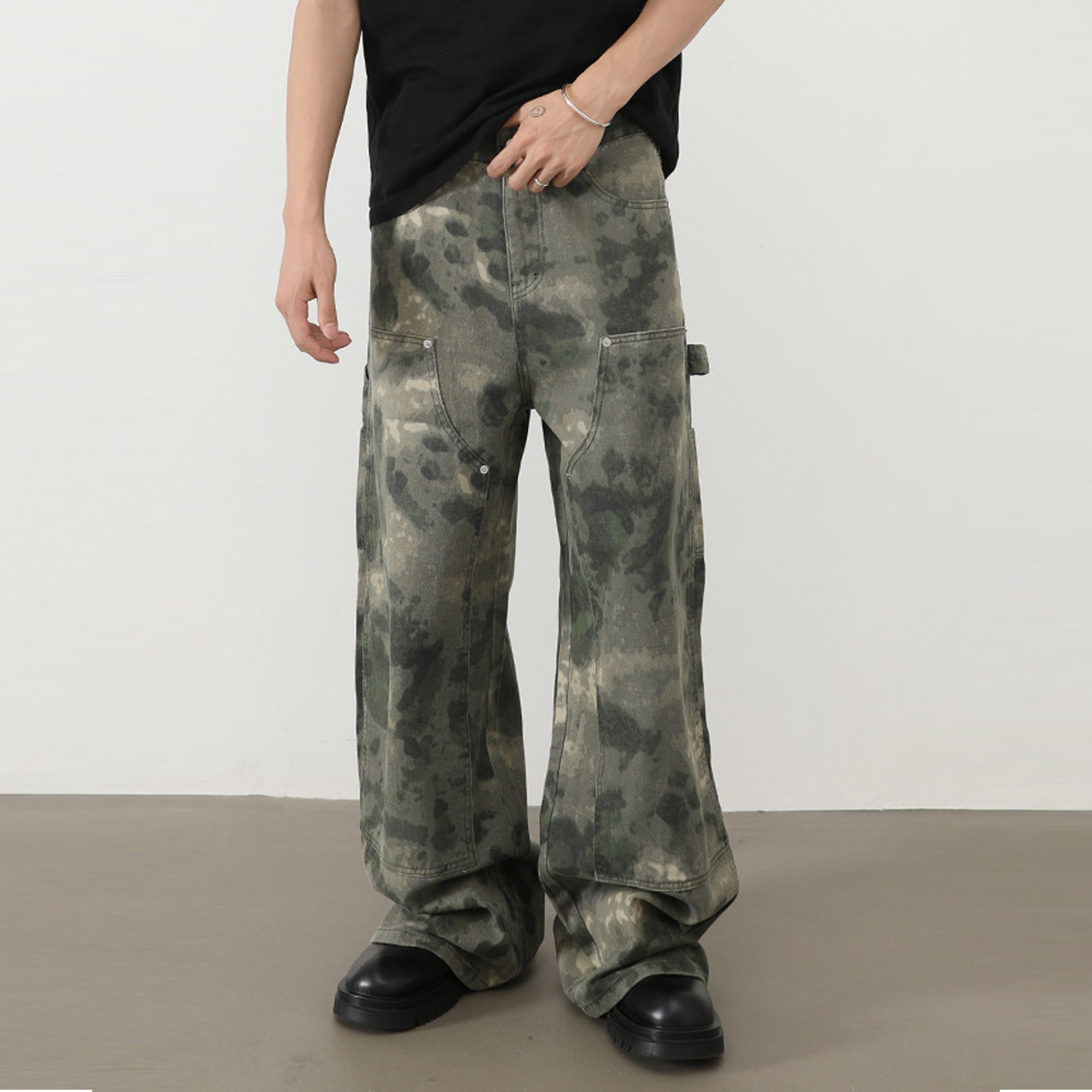 HBZ复古水洗迷彩宽松直筒牛仔裤拖地美式街头嘻哈工装裤潮牌男女