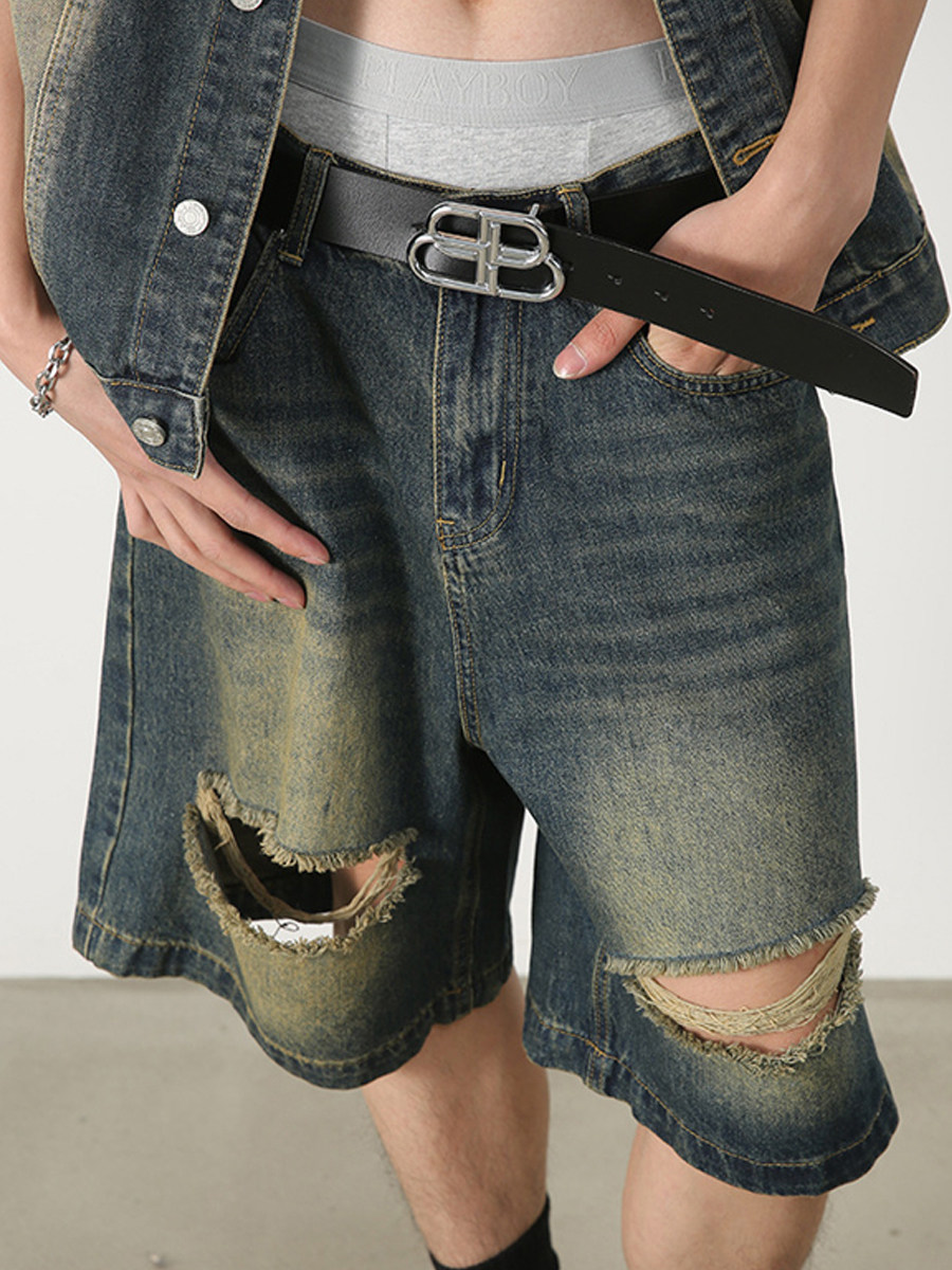 HBZ DESIGN AMERICAN STREET HIP HOP VINTAGE NOSTALGIC CUT FRIED STREET DENIM SHORTS FIVE-POINT WIDE-LEG PANTS FOR MEN AND WOMEN