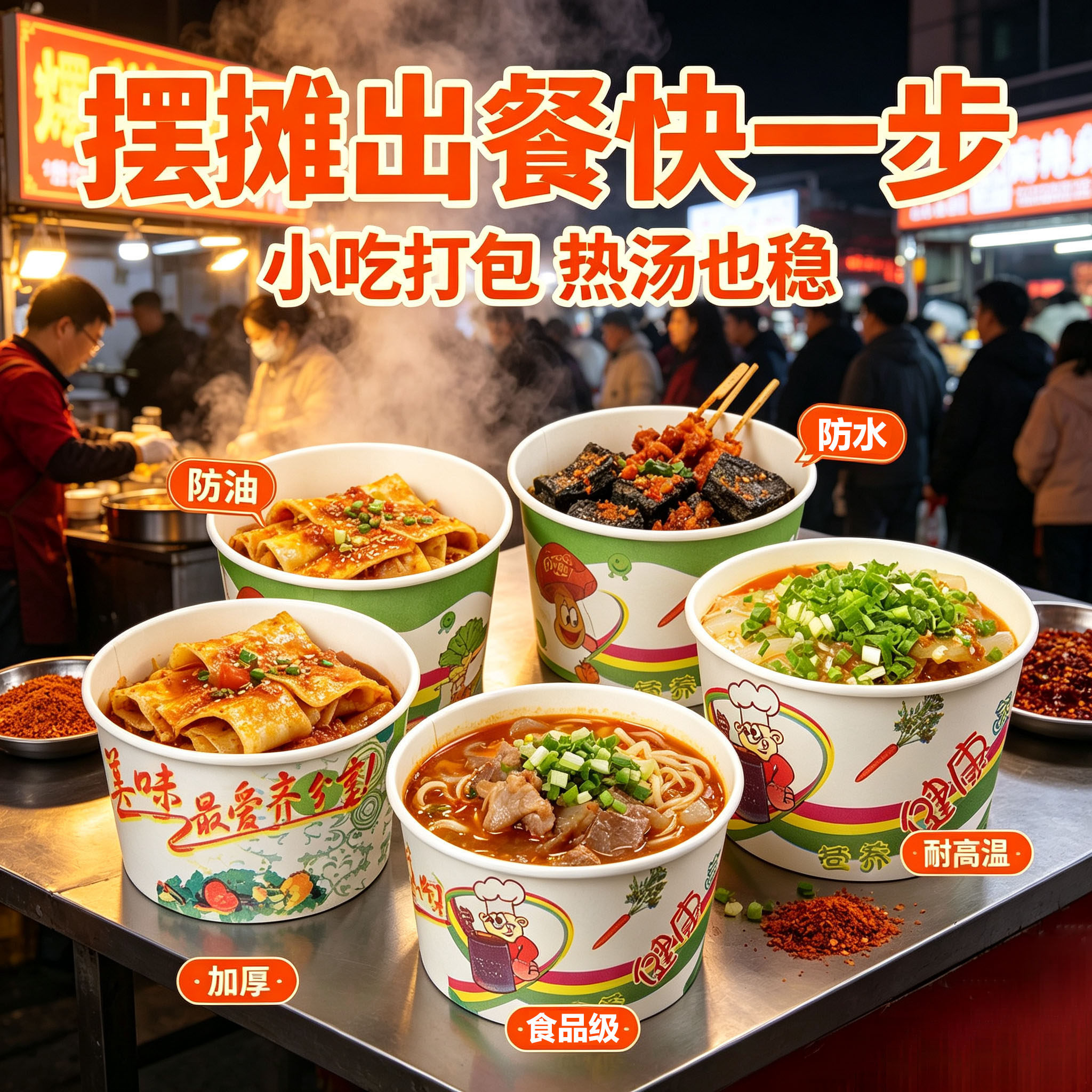 一次性纸碗打包商用快餐盒加厚圆形餐盒带盖臭豆腐整箱批饭盒餐具