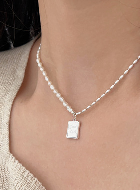 持恒925纯银天然小米珍珠方牌项链女2026年夏季小众ins高级感颈链