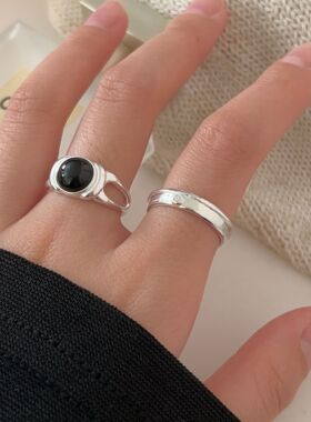 持恒S925纯银黑玛瑙圆形戒指女2026日韩新款简约气质百搭几何指环